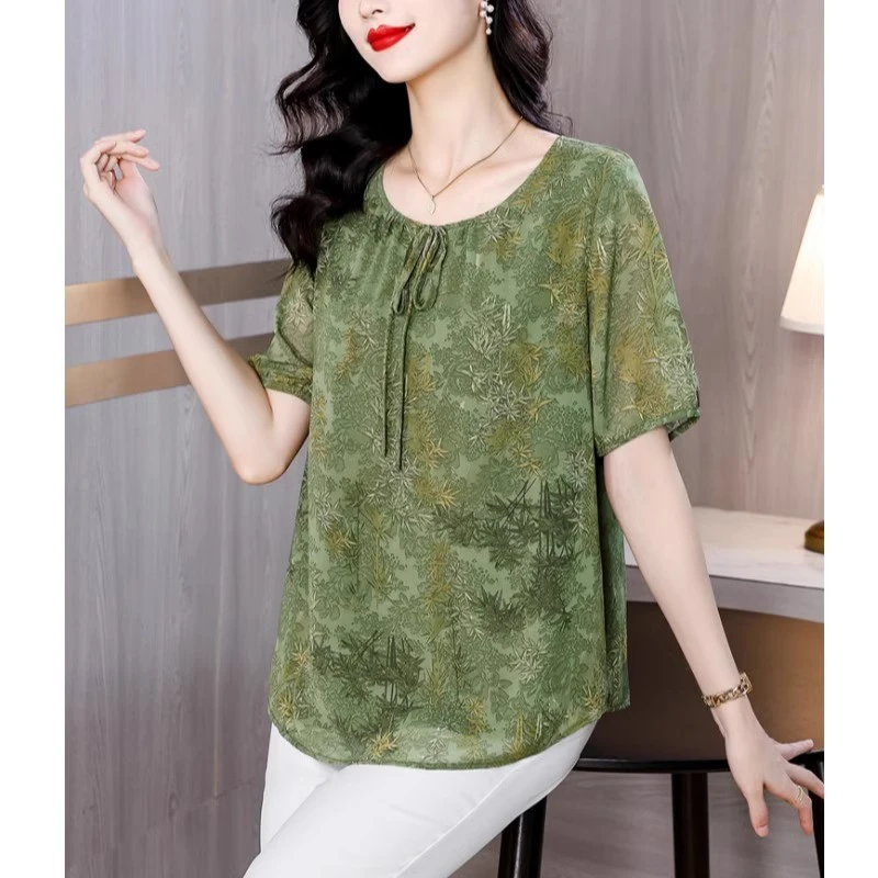 大码印花短袖雪纺衫女士夏季2025年新款洋气妈妈小衫宽松显瘦上衣