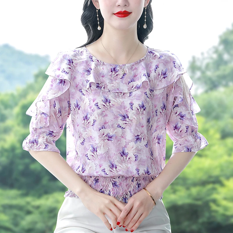 紫色碎花雪纺上衣女士妈妈2025夏装新款短袖衬衫短款洋气卡腰小衫