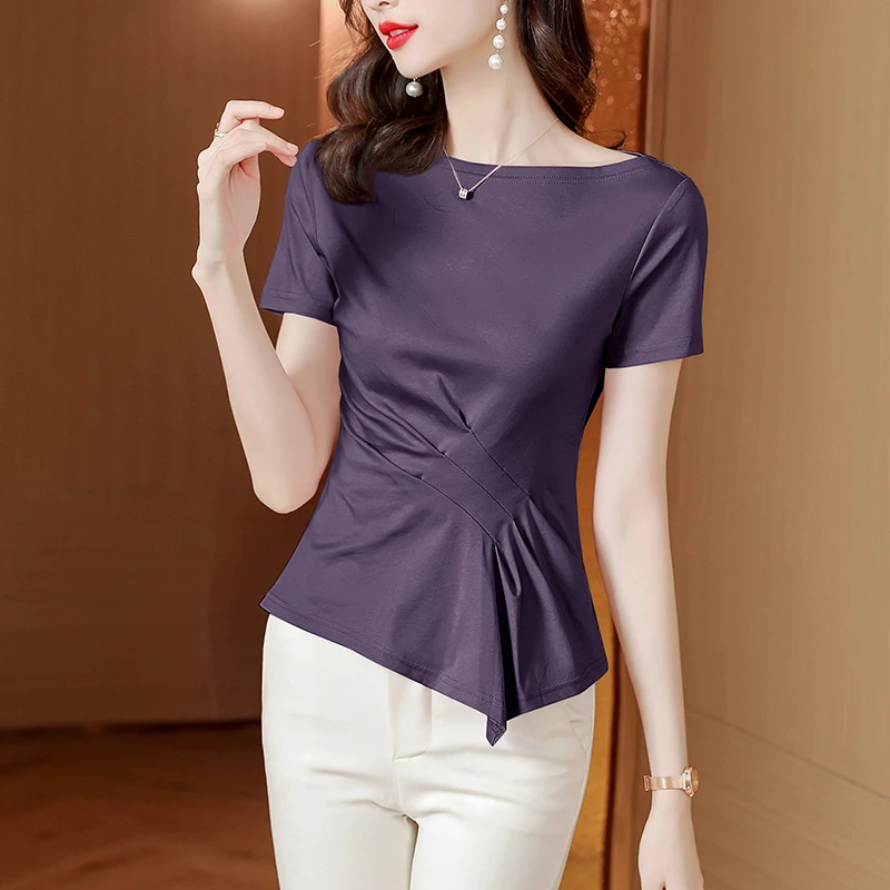 韩版t恤女2025夏季新款气质丝光棉小衫一字领不规则收腰短袖上衣