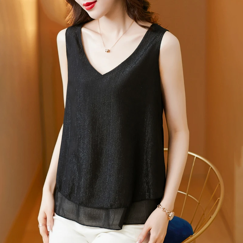 大码雪纺吊带背心女士夏季胖mm遮肚子内搭上衣宽松外穿黑色打底衫