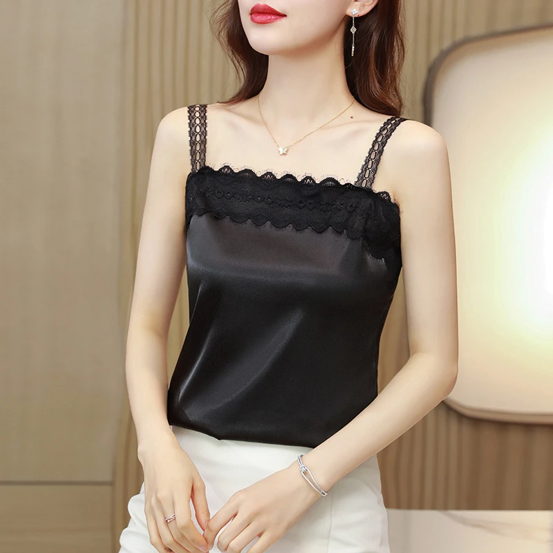 2025新款黑色蕾丝吊带背心女内搭无袖女士露背西装打底上衣小衫