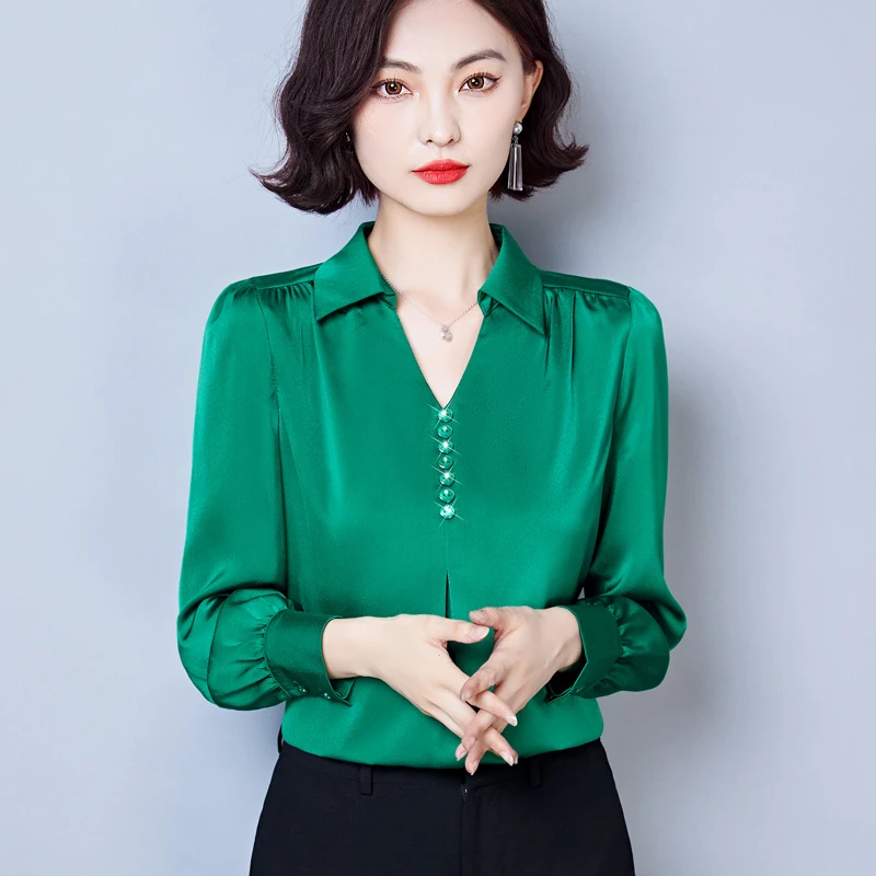 小众气质纯色衬衫女2024春季新款宽松长袖V领小衫洋气减龄上衣