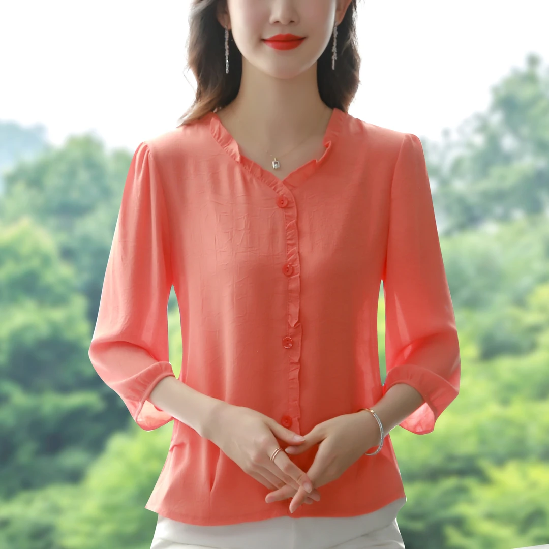 中袖七分袖上衣女夏季新款减龄漂亮小衫遮肚子妈妈洋气雪纺衬衫薄