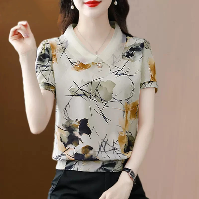 娃娃领收腰洋气雪纺衬衫女士夏装新款短袖气质印花上衣遮肚肉小衫