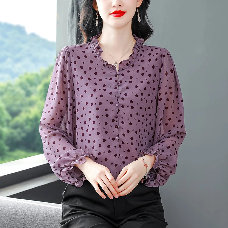 法式雪纺衫女士长袖夏季新款妈妈减龄小衫波点上衣遮肚子显瘦衬衫