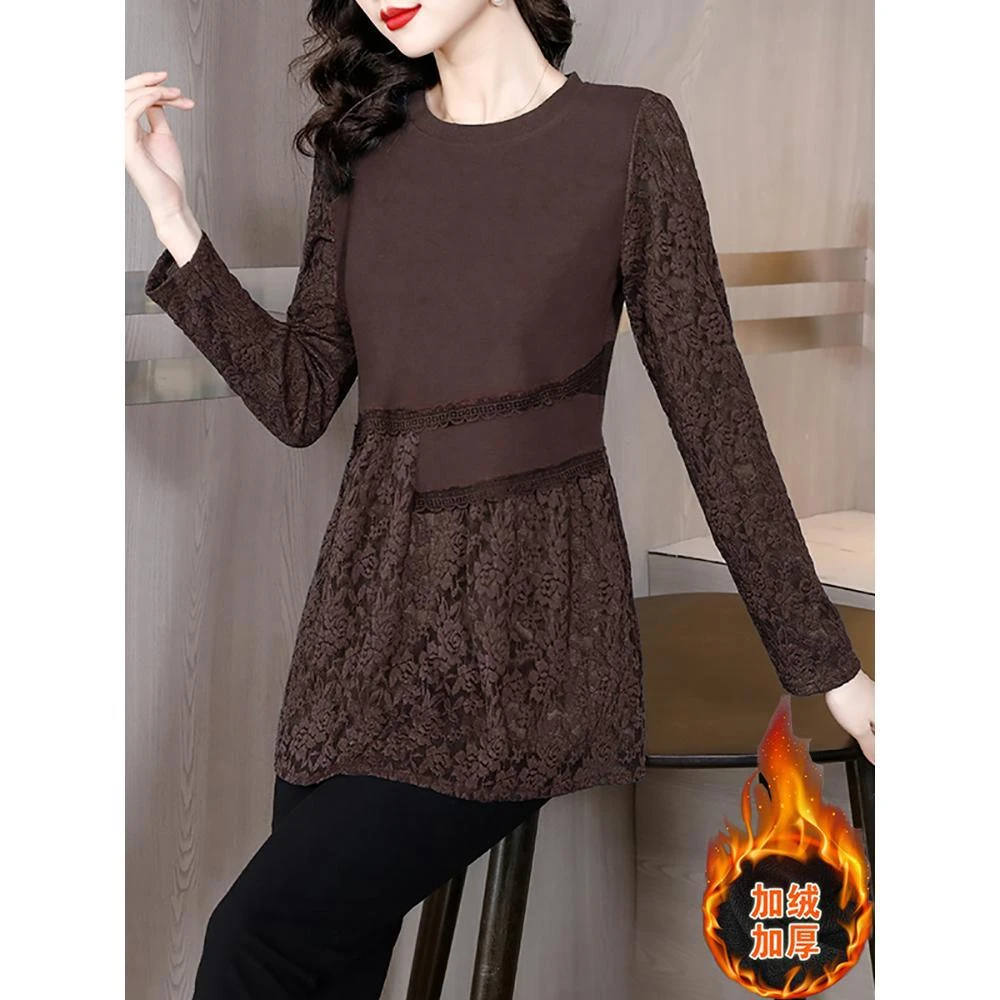 蕾丝打底衫女士春秋冬季2025年新款大码洋气小衫加绒加厚内搭上衣