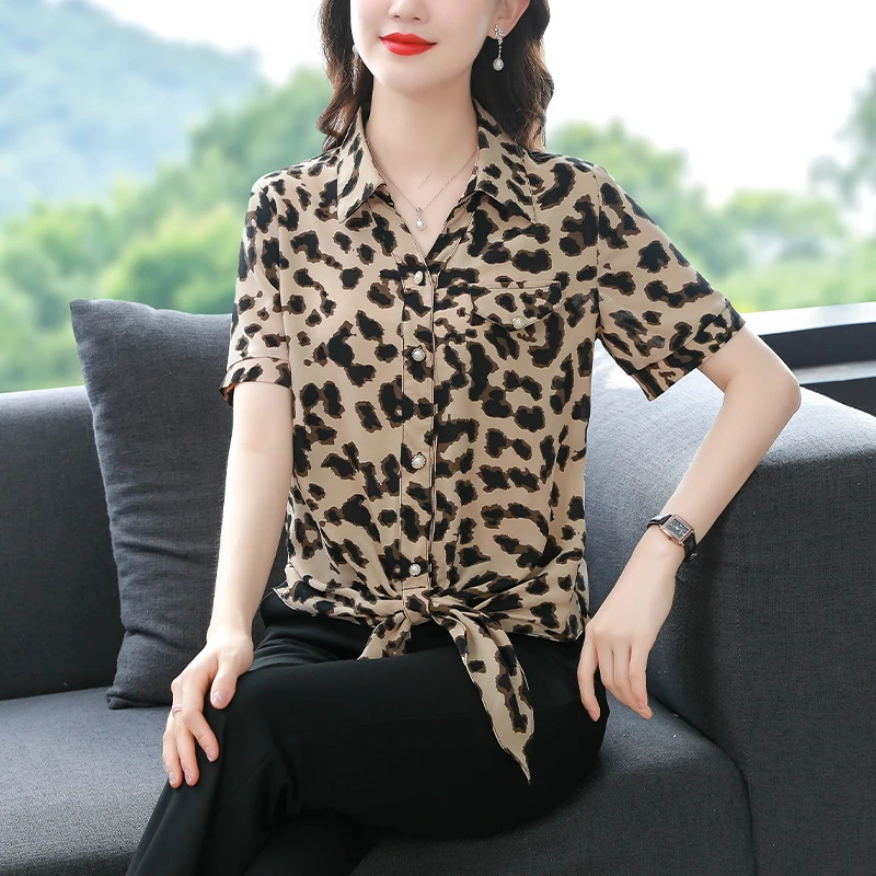 豹纹衬衫女短袖夏装下摆打结翻领女士衬衣中年妈妈雪纺上衣洋气薄