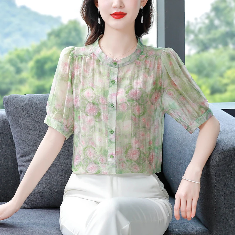 时尚印花雪纺衬衫女短袖夏季新款宽松遮肚子气质小衫碎花立领上衣