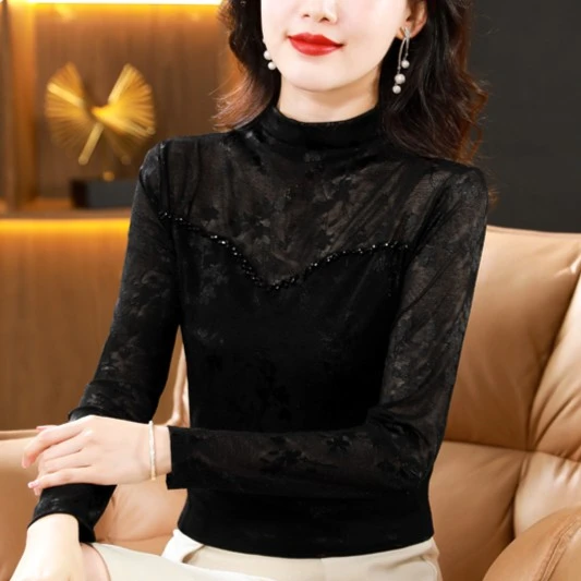 半高领网纱打底衫2025新款女秋冬季气质女装高级感穿搭小个子上衣