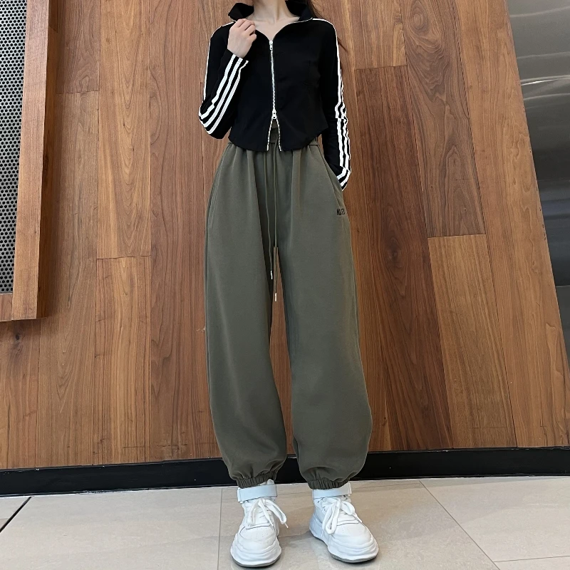 美式高街束脚运动裤女秋季设计感抽绳绣花哈伦卫裤休闲裤子潮ins