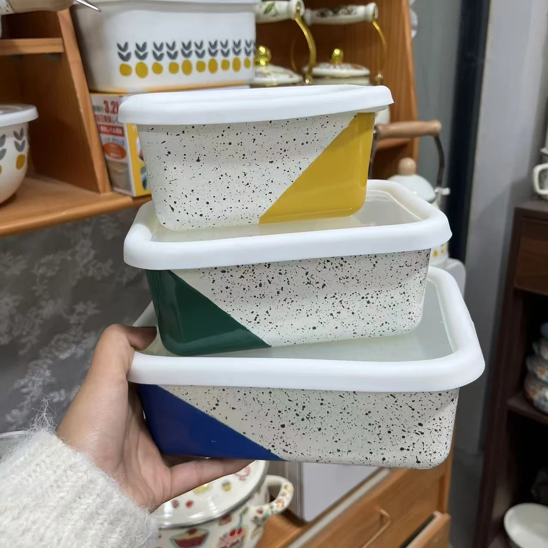 【撞色泼墨风】 长方形搪瓷加厚保鲜盒糖果色可烤箱明火加热冰箱