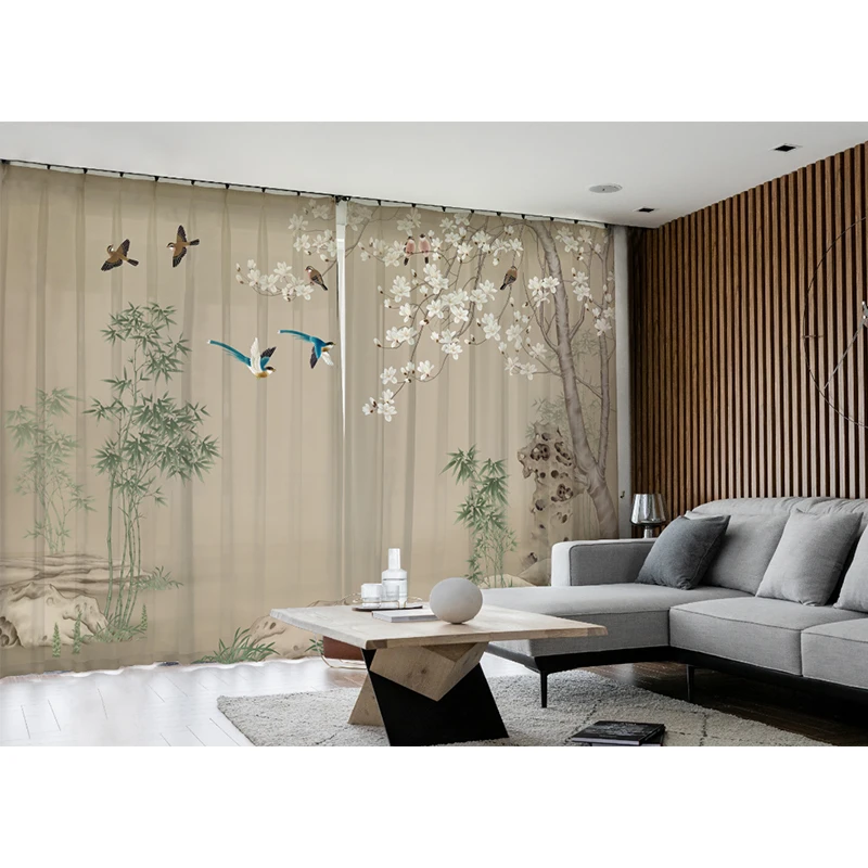 2025年新款中式古风窗帘复古客厅新中式中国风竹子田园风花鸟纱帘
