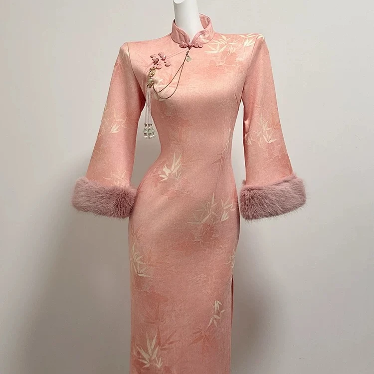 【宓悦-粉金】粉色旗袍2024新款秋冬气质新中式加绒加厚倒大袖修身