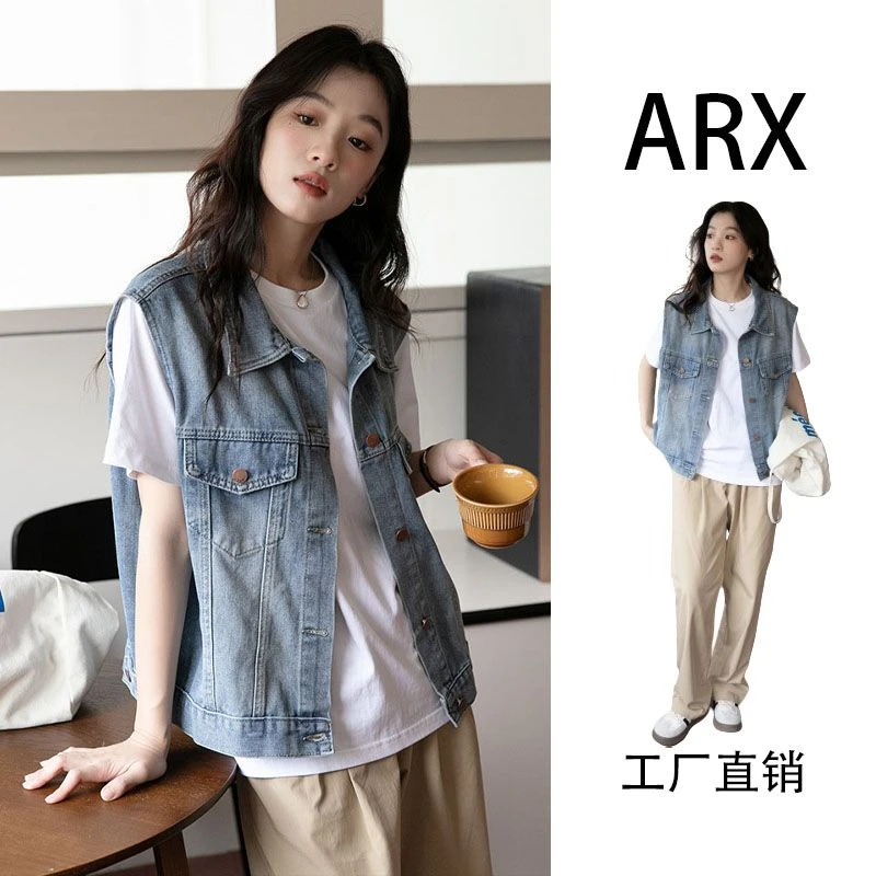 韩版休闲外搭叠穿无袖坎肩外套上衣小个子宽松马夹牛仔马甲背心女