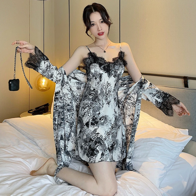 吊带睡衣女性感夏季套装宽松带胸垫印花水墨画睡裙春夏新款家居服