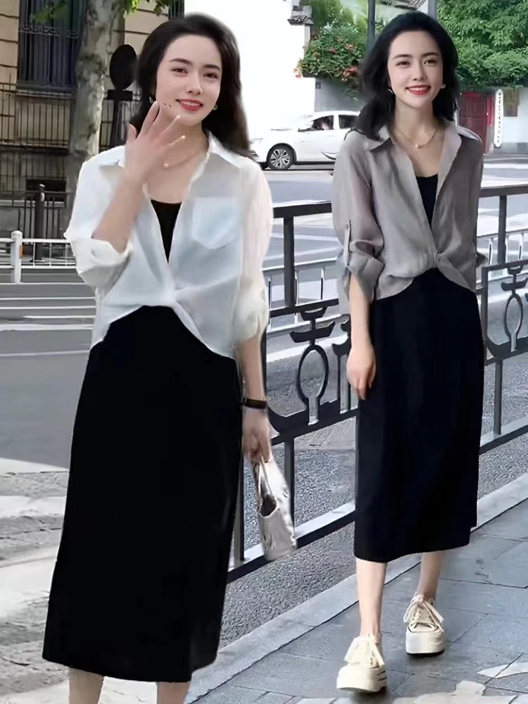 显瘦防晒衬衣两件套女2024新款夏季洋气百搭胖mm遮肉气质时尚套装