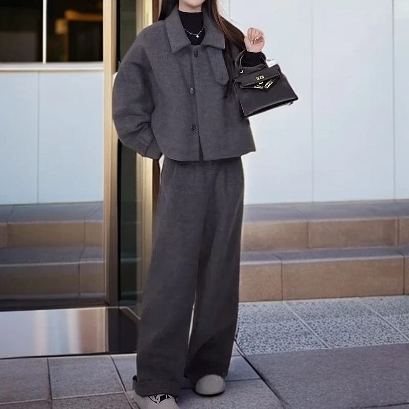英伦风韩版毛呢外套夹棉加厚蝙蝠袖上衣阔腿裤两件套2024新款套装