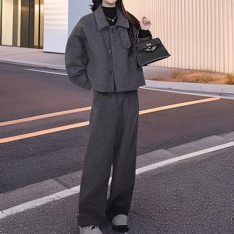 时尚韩版休闲夹棉加厚蝙蝠袖毛呢外套阔腿裤两件套女2024新款套装