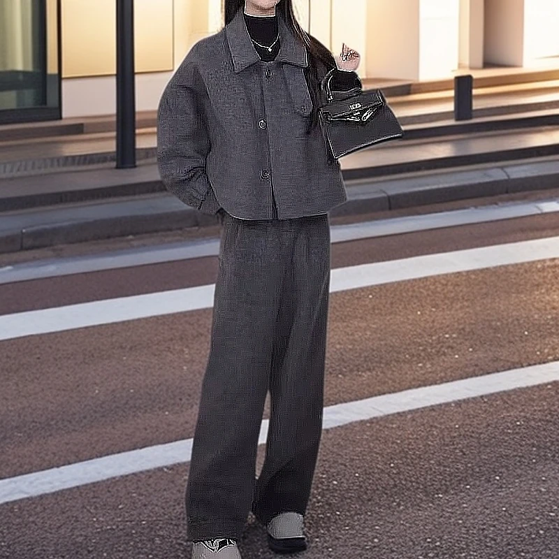 夹棉加厚毛呢外套阔腿裤套装女2024新款冬季时尚气质蝙蝠袖两件套