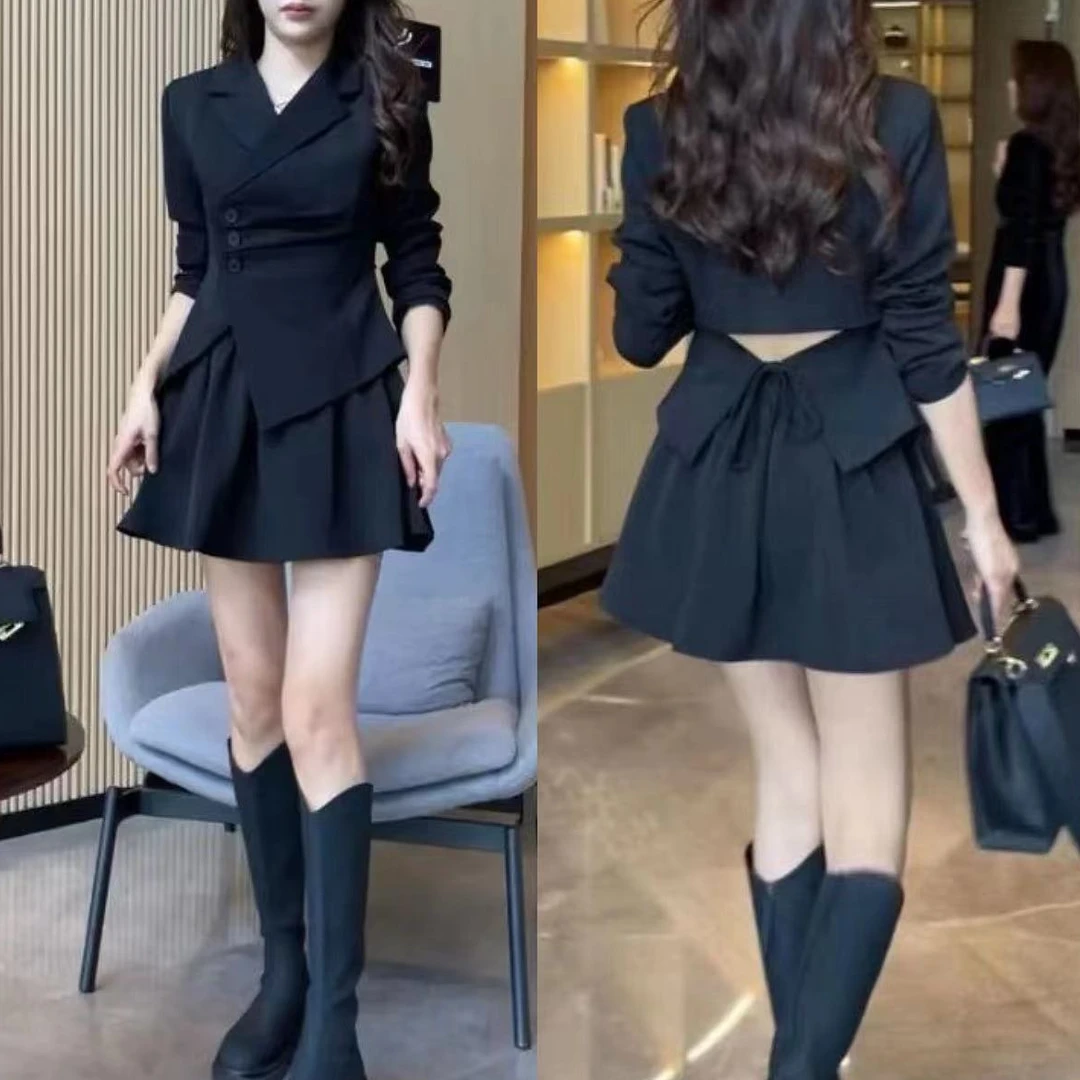 时尚气质修身显瘦西装外套半裙两件套女2024秋季新款胖MM遮肉套装