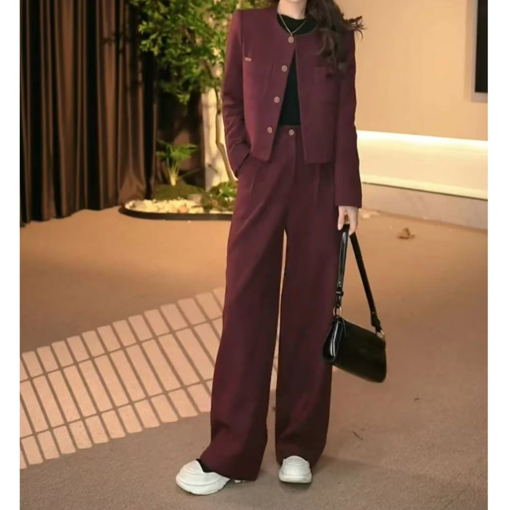 冬季小香风百搭显瘦圣诞过年安可拉红夹棉外套直筒裤2025新款套装