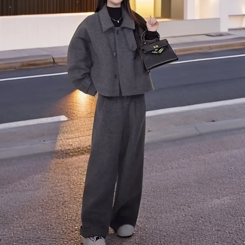 时尚复古夹棉加厚蝙蝠袖毛呢外套阔腿裤两件套女2024新款遮肉套装