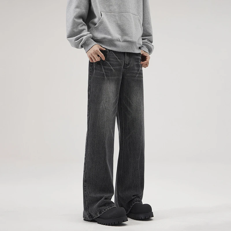 FM leap美式复古设计感闪电裂纹水洗牛仔裤男女春款直筒微喇裤子