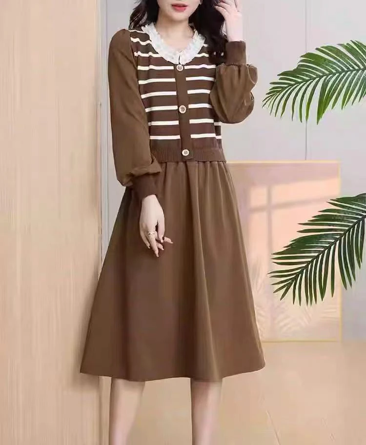 假两件针织拼接长袖连衣裙女2024春秋季新款气质收腰显瘦长款裙子