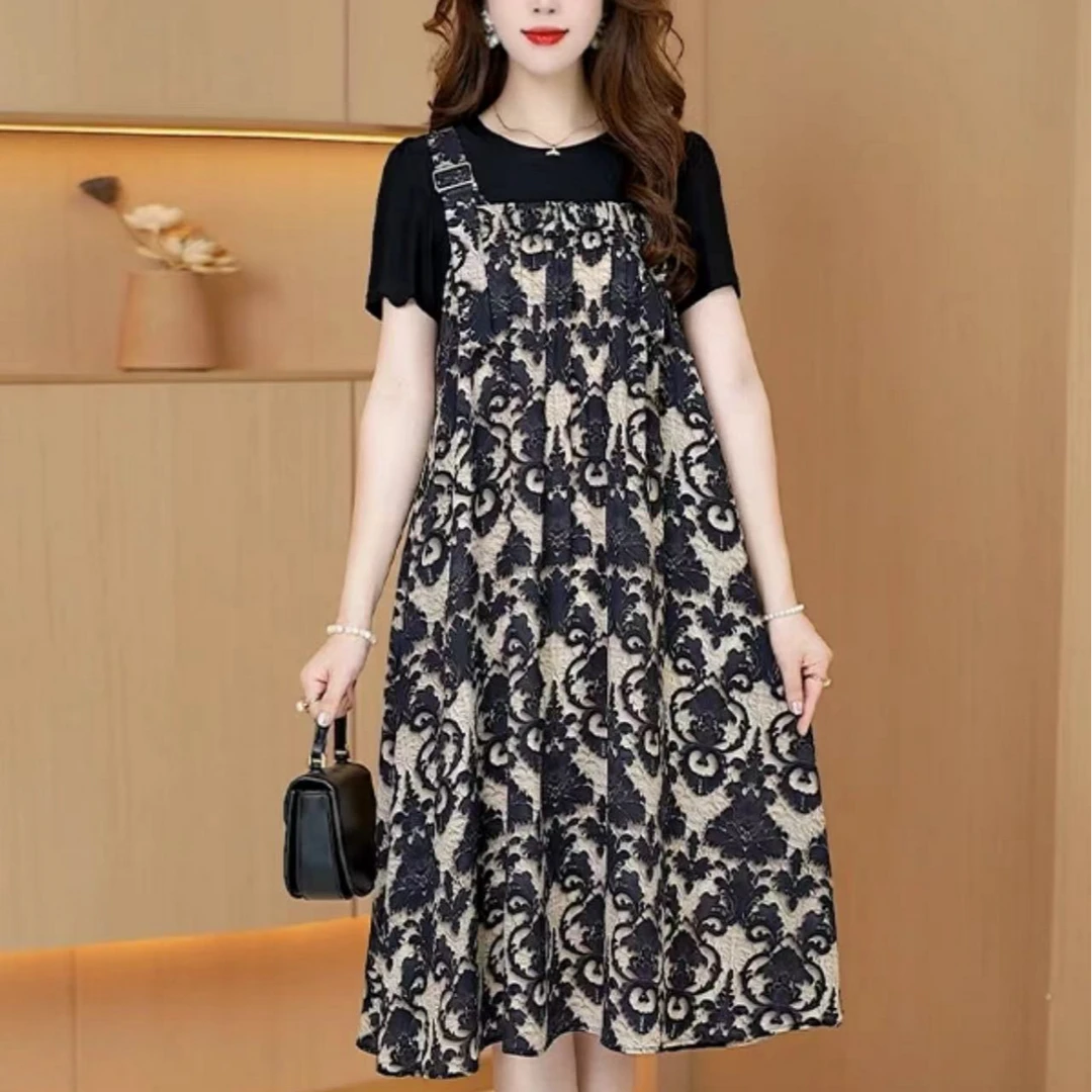 夏季新款显瘦连衣裙气质印花时尚碎花假两件减龄背带中长款裙子