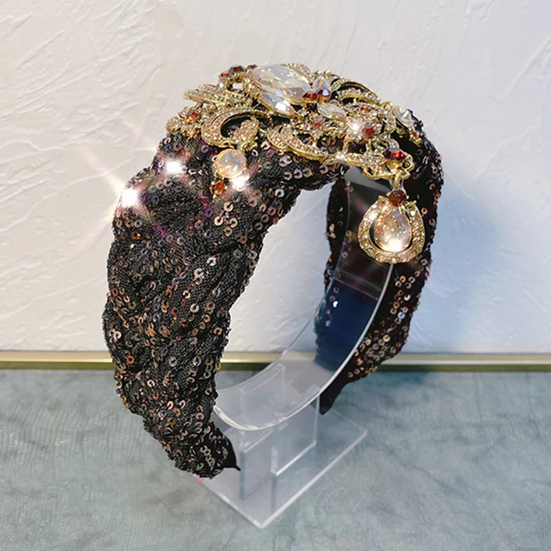 复古亮片大钻吊坠发箍高级感轻奢重工宽边高颅顶头箍金属网红发饰