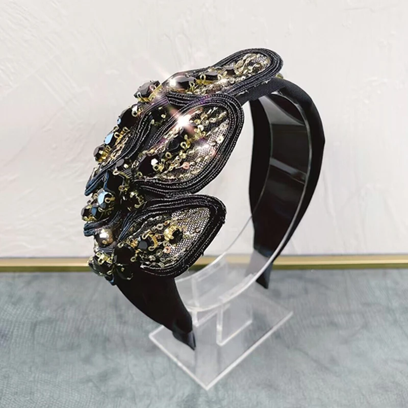 重工轻奢水钻宽边发箍高级感新娘蝴蝶结蕾丝头箍遮发名媛复古发饰