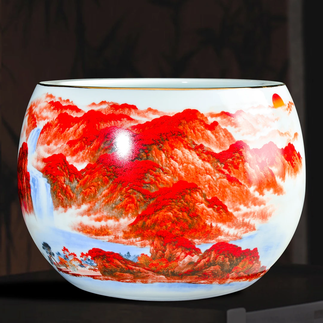 景德镇陶瓷器鸿运当头聚宝盆摆件中式家居饰品客厅玄关养鱼缸摆件