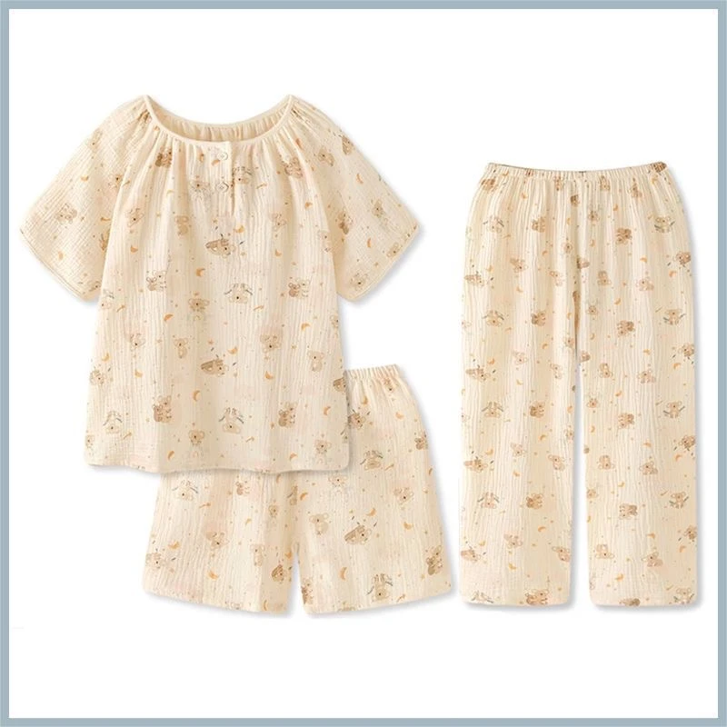 春秋双层绵纱睡衣女2024新款短袖夏季薄款卡通复古家居服女三件套