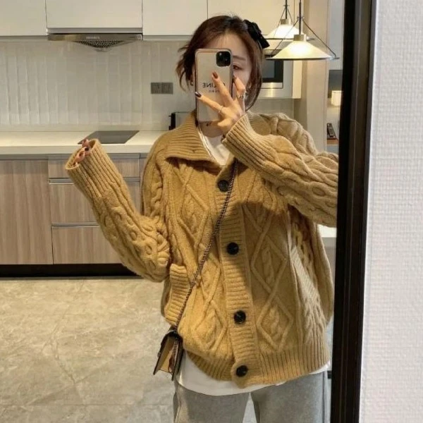 2022春秋新款高领菱形格麻花宽松慵懒毛衣开衫外套女针织加厚外穿