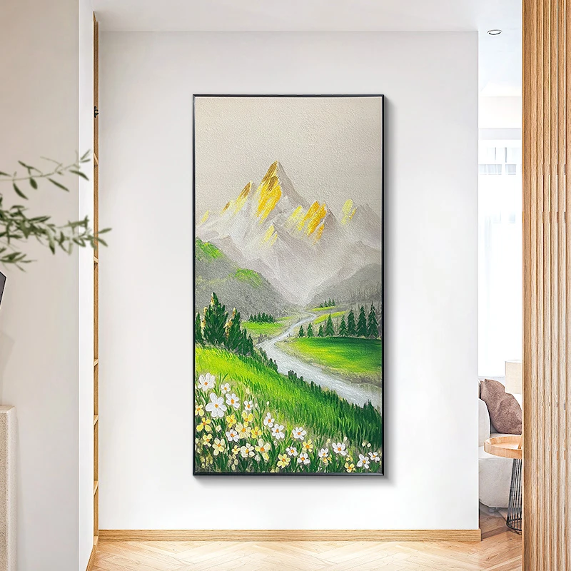 手工砂岩装饰画日照金山抽象画简约现代砂岩画挂画创意雪山80160