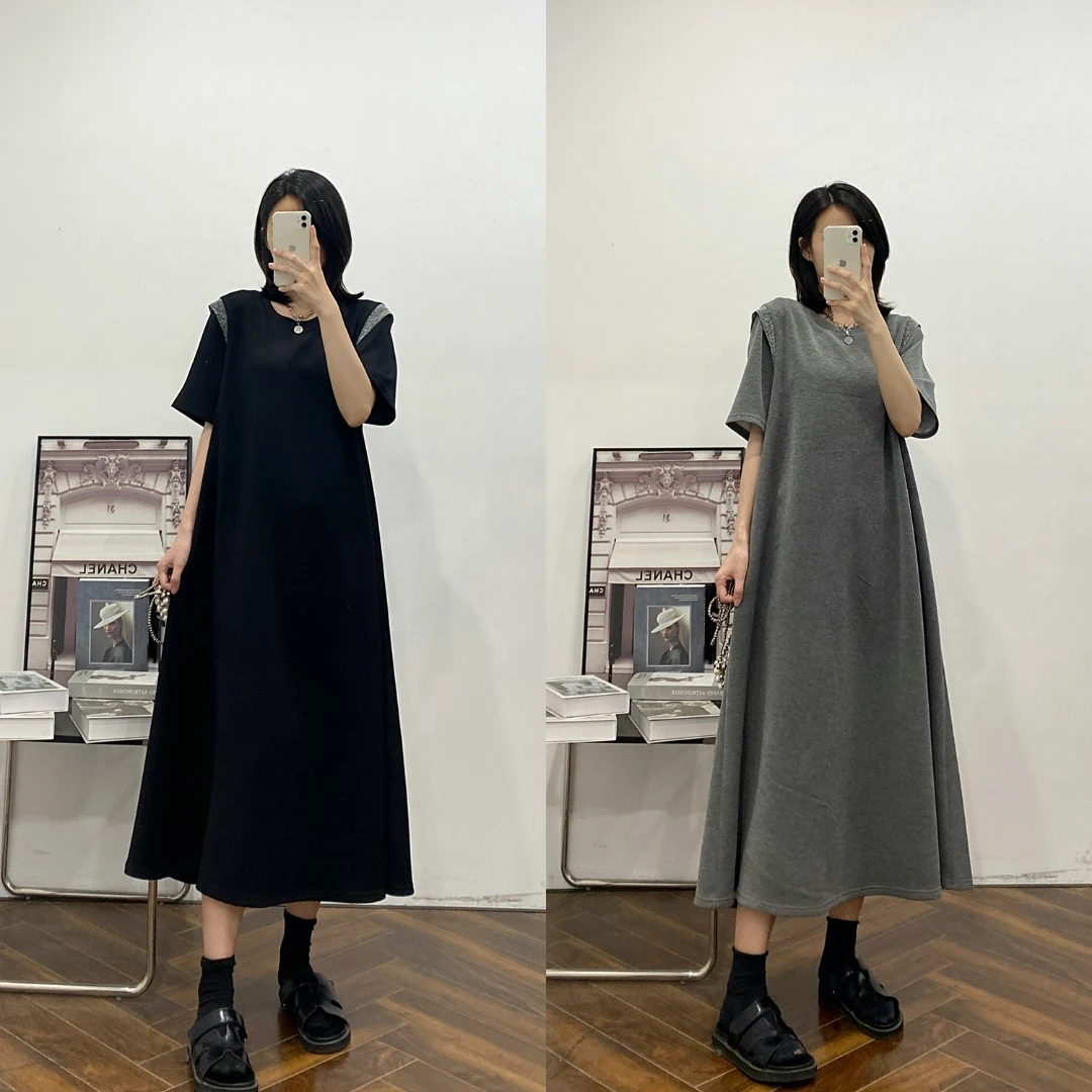 夏季上新正肩设计拼接银丝边宽松大码短袖连衣裙女