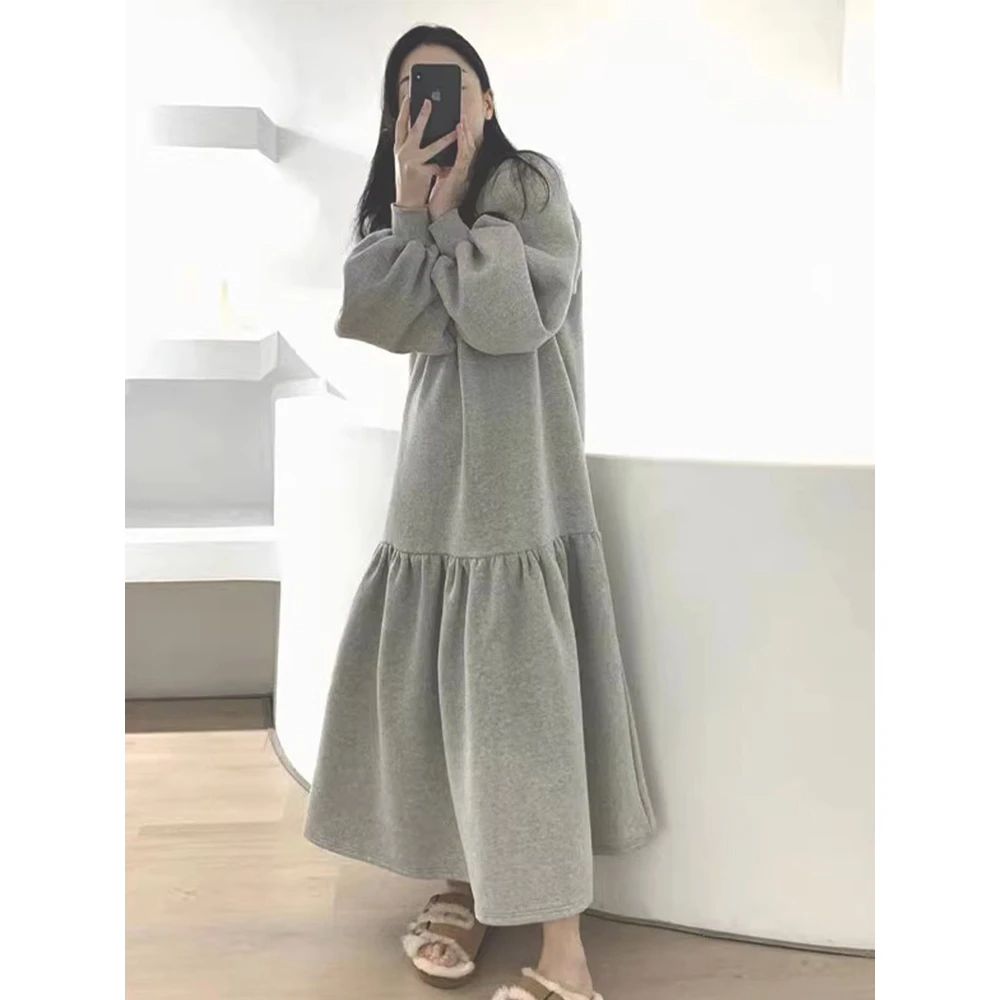 灰色卫衣女2025春秋装大码宽松减龄休闲长款大摆连衣裙女