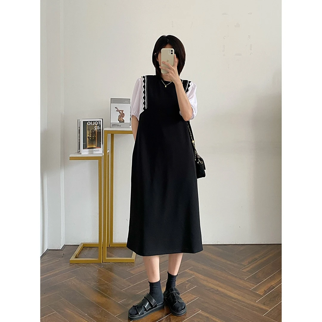 夏季上新假两件减龄撞色拼接垂坠感显瘦遮肉黑色连衣裙女