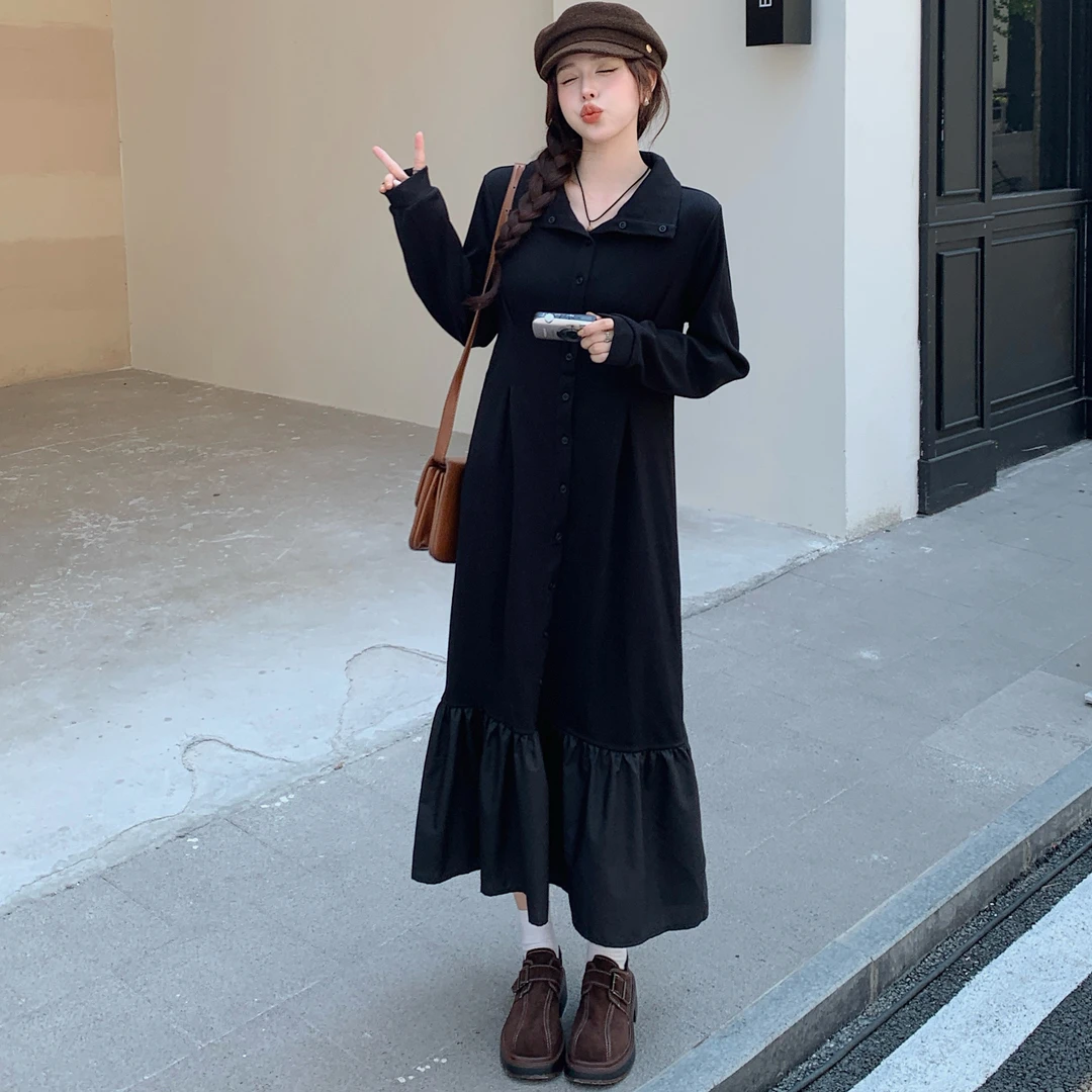 清清款 秋冬新款气质设计感显瘦连衣裙女宽松内搭黑色打底裙