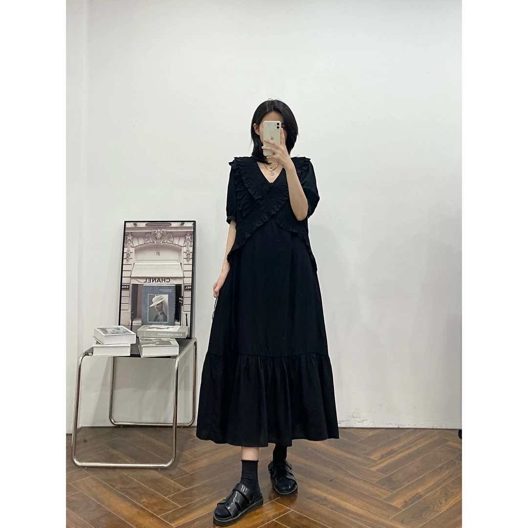宸希定制 大码夏季新款木耳边褶皱感拼接显瘦气质V领连衣裙女