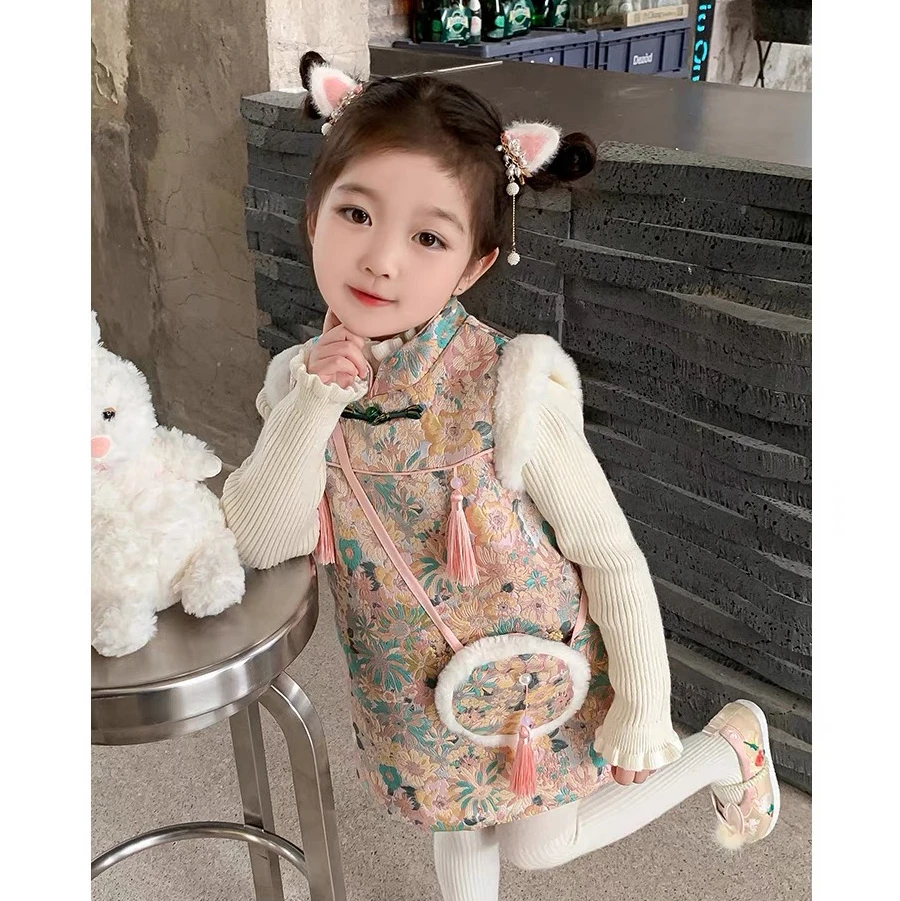 女童旗袍连衣裙冬装洋气儿童国风公主裙拜年服一周岁宝宝礼服秋冬