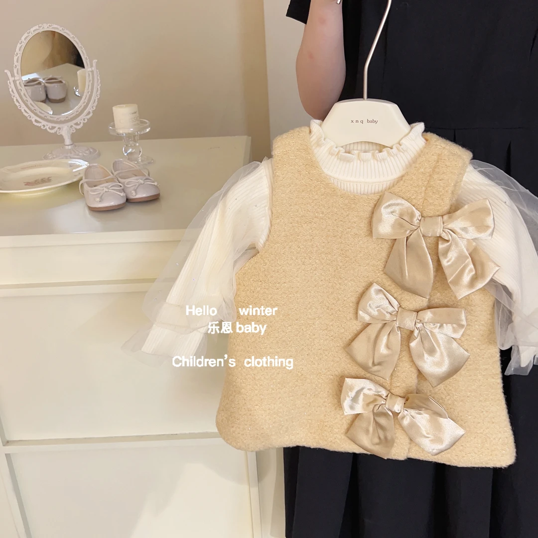 乐恩儿童冬裙秋冬季加厚加绒背心裙女宝宝小香风韩版蝴蝶结连衣裙