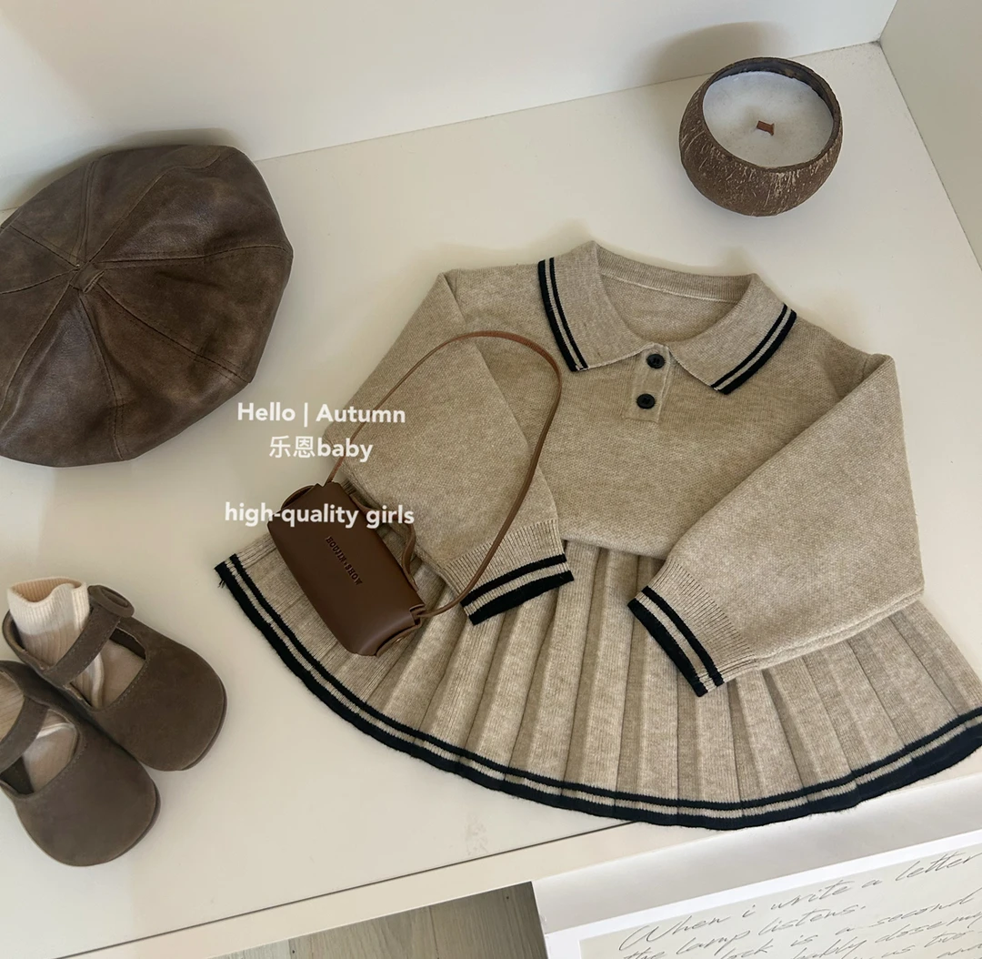 【乐恩童装】女童秋冬季新款卡其色毛线衣学院风套polo领上衣百褶裙