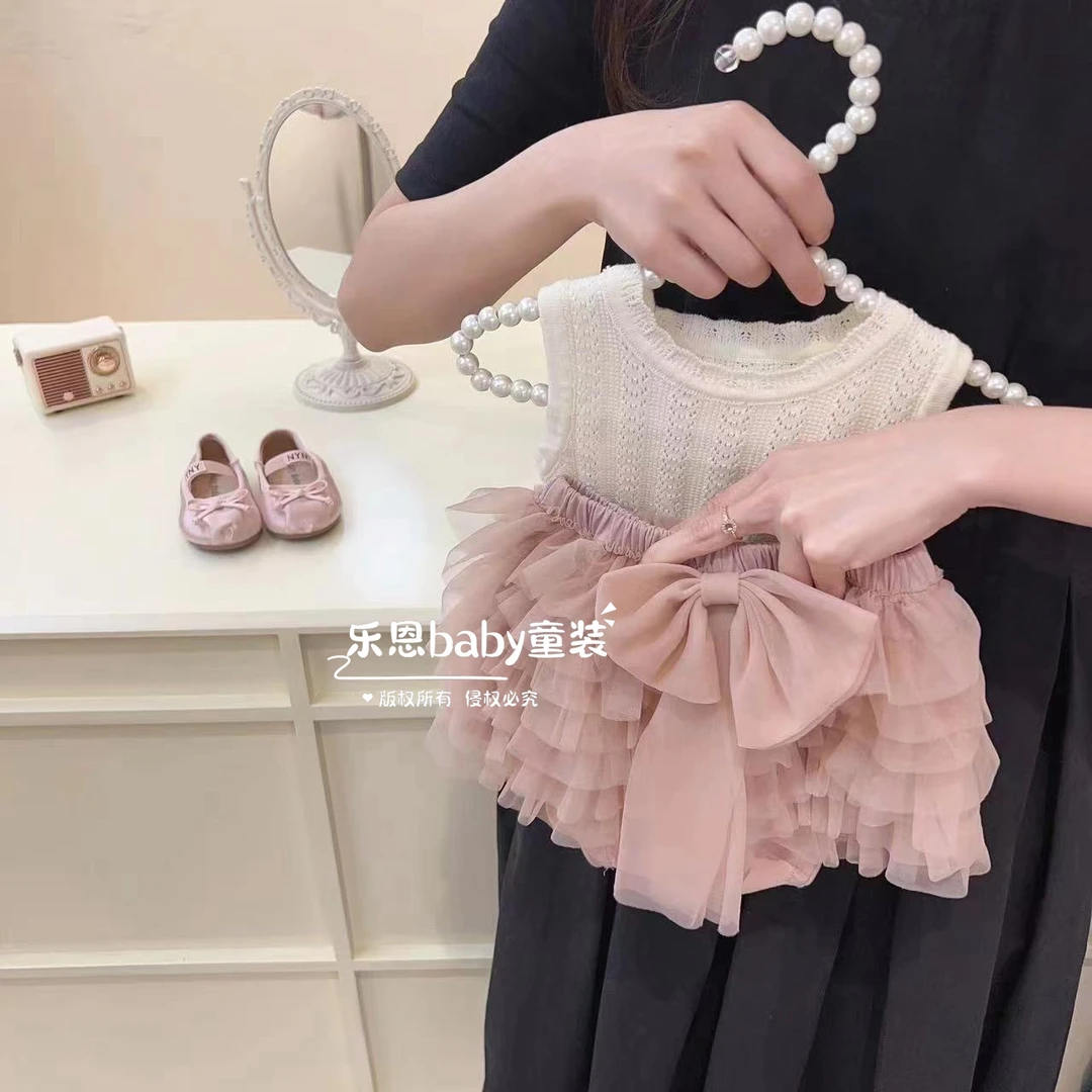 乐恩童装夏季针织衫镂空背心女宝宝粉色柔软tutu裙子时髦洋气套装