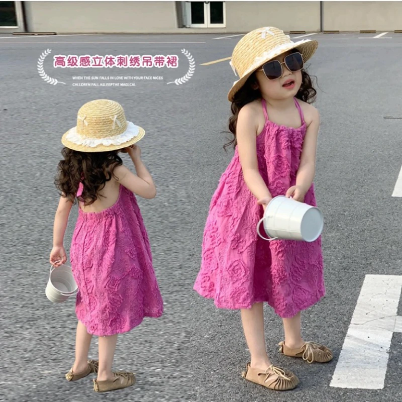 【现货】【乐恩童装】女童夏季玫粉色绣花吊带裙宝宝韩版露背连衣裙子