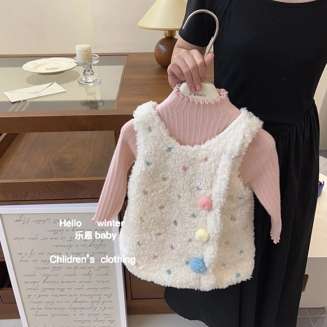 乐恩儿童秋冬女童加绒毛毛马甲背心裙女宝宝甜美连衣裙加厚吊带裙