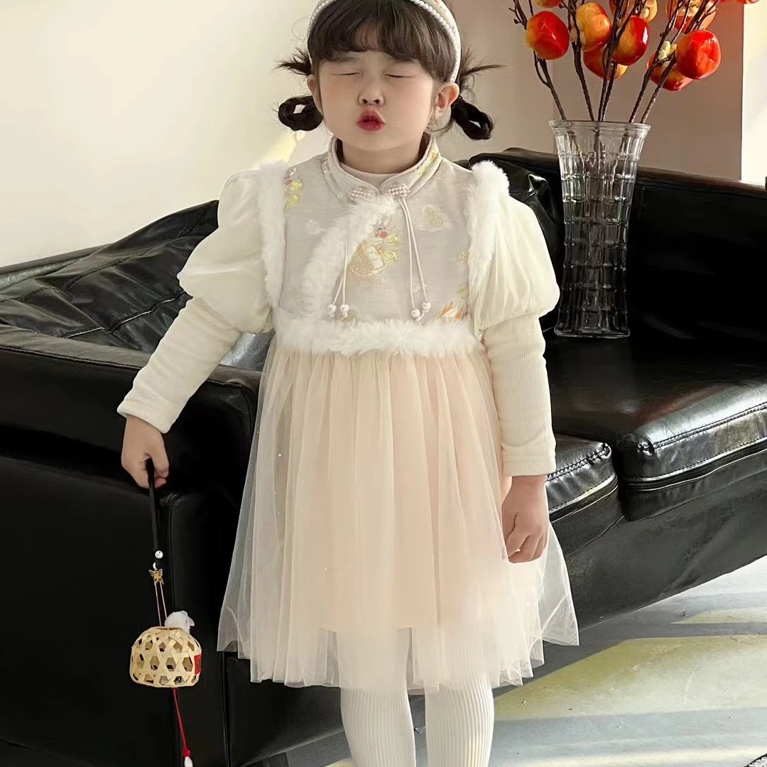 女童加绒旗袍裙套装中小童公主裙拜年服汉服复古盘扣中国风连衣裙