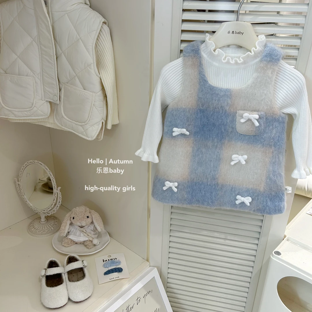 【乐恩童装】女童冬季新年服蓝白格子毛呢背心裙小香风连衣裙公主裙