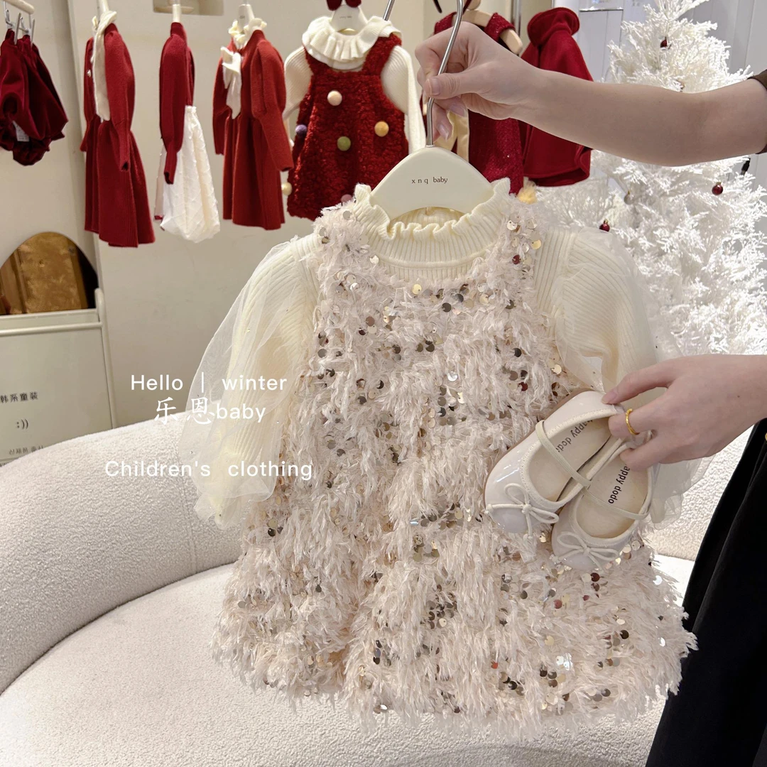 乐恩baby2023女童冬季羽毛亮片公主高级礼服裙宝宝流苏加厚背心裙