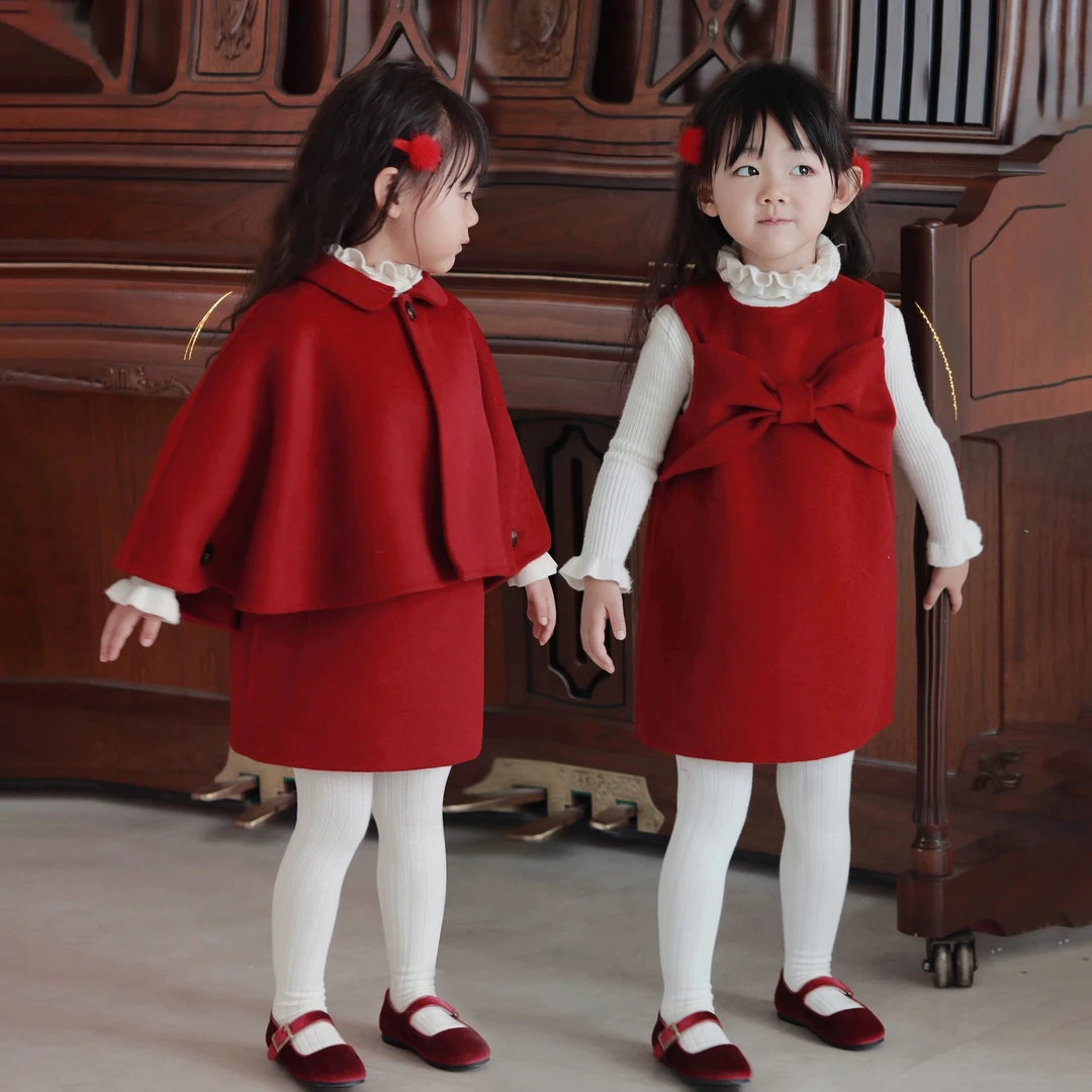 乐恩童套装新年b入!女童气质背心裙拜年服女宝宝冬款红色公主裙子